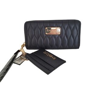 Bebe Dennis Wallet W/CC Black Quilted Zip Around Wristlet and Card Case Set NEW